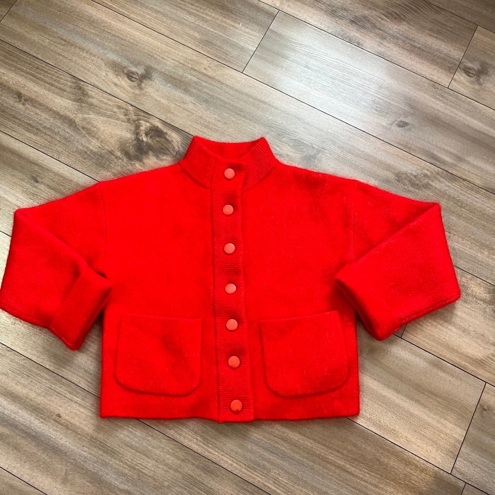 Sezane Red Mohair Wool Blend Cardigan Sweater Jacket Mock Neck Red Medium